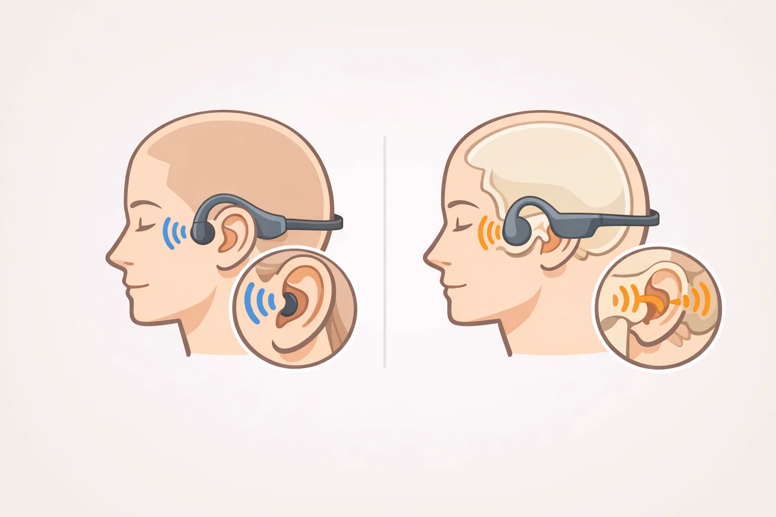 Side-by-side diagram comparing open-ear headphones and bone-conduction earbuds, clarifying how the Rollme AirCam headphones with camera might deliver audio