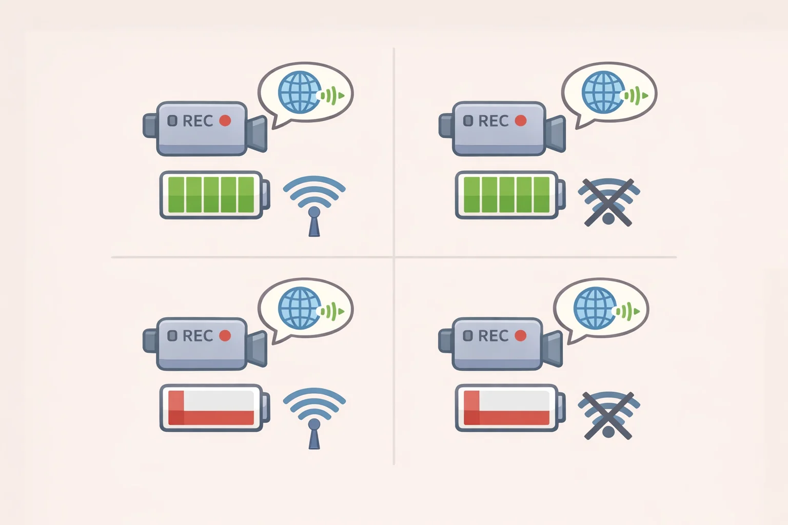 A review test setup showing the AirCam recording and translating while battery drains, with separate scenarios for Wi-Fi/data connected versus offline
