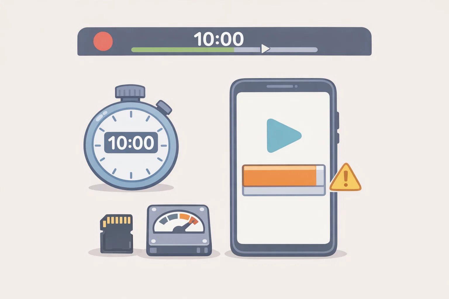 Infographic-style view of 1080p30 video being recorded in capped 10-minute segments and filling 8GB on-device storage on the Rollme AirCam headphones with camera