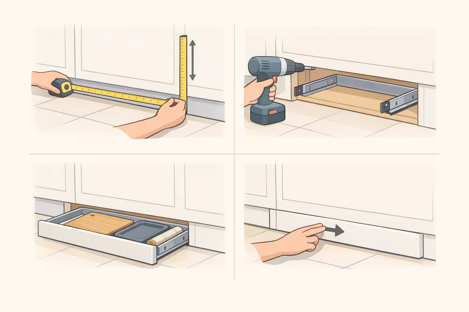 Kitchen cabinet toe-kick converted into shallow hidden pull-out drawers for baking sheets, cutting boards, place mats, and trash bags