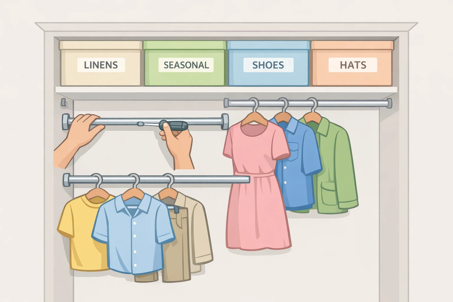 Closet diagram showing a second hanging rod below the original rod and labeled bins stored above the top shelf for off-season clothes
