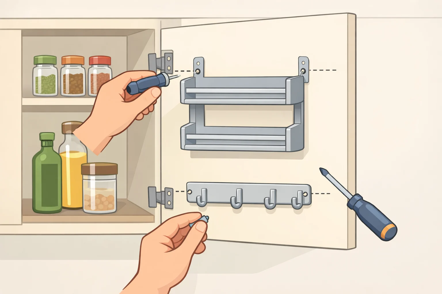 Kitchen organizer adding an inside-cabinet spice rack and measuring cup hooks on the inside of the door, showing how overlooked storage spaces in your home can be used without taking up shelf space