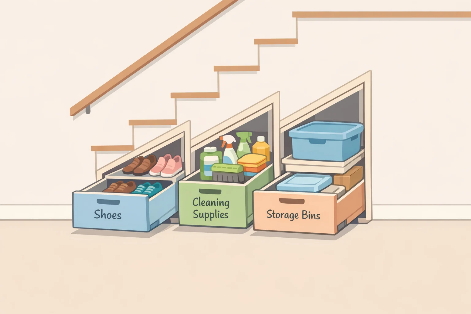 Home organizer organizing under-stair space with labeled bins and pull-out drawers for seasonal décor and entertaining supplies