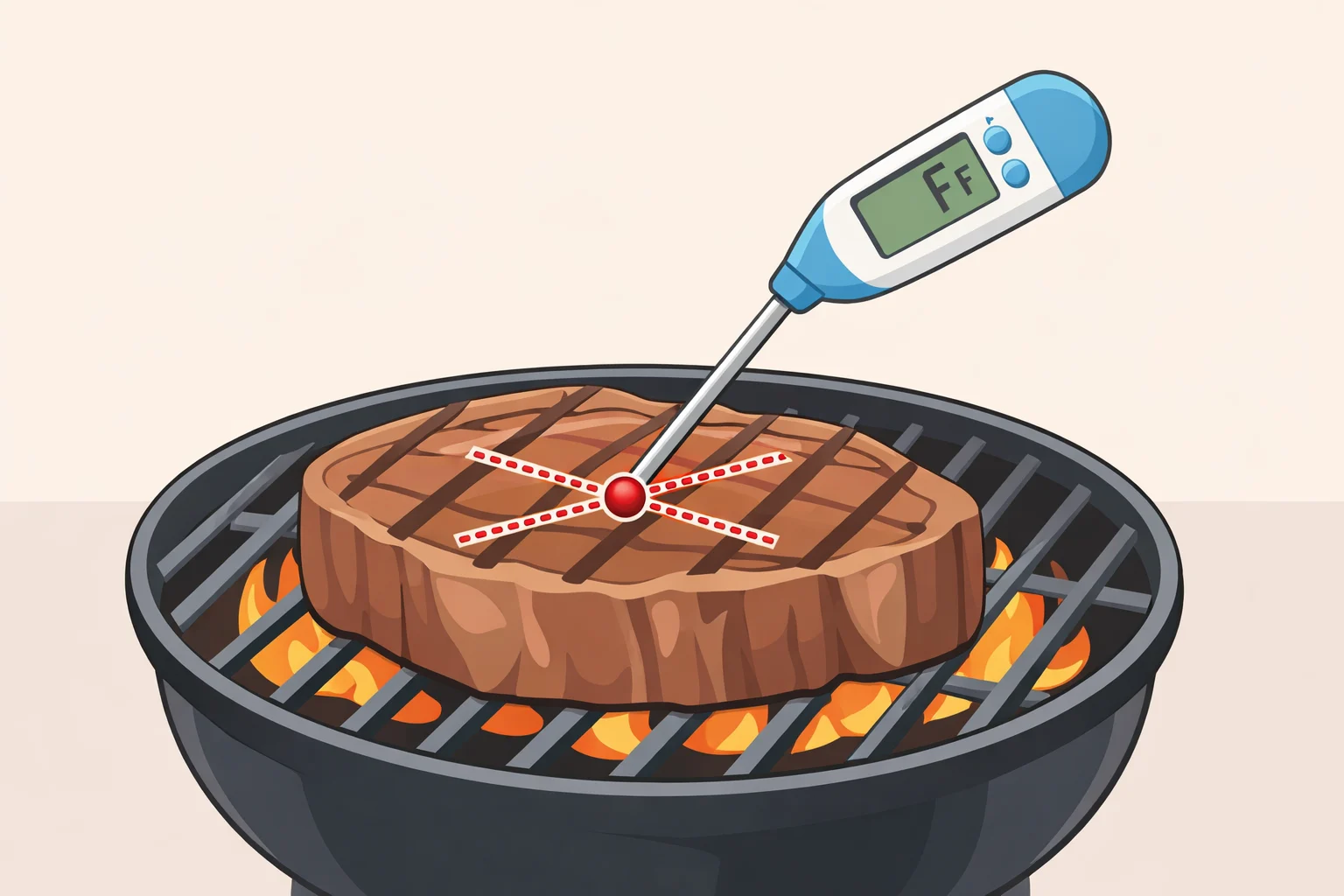 Illustration showing how to use an instant-read thermometer by aiming the probe toward the thickest center of a steak and inserting once without touching bonesupporting how to check meat temperature without cutting into it