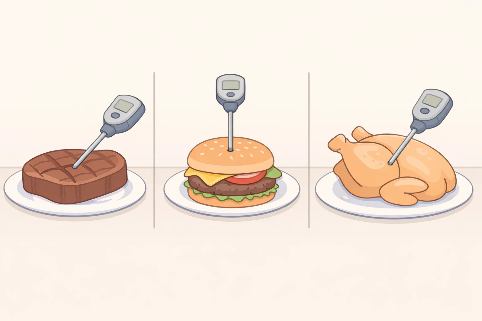 Illustration comparing correct thermometer placement: side-angled probes for steaks, horizontal probe into the center of a burger patty, and probing the thickest part of a chicken breast away from bone