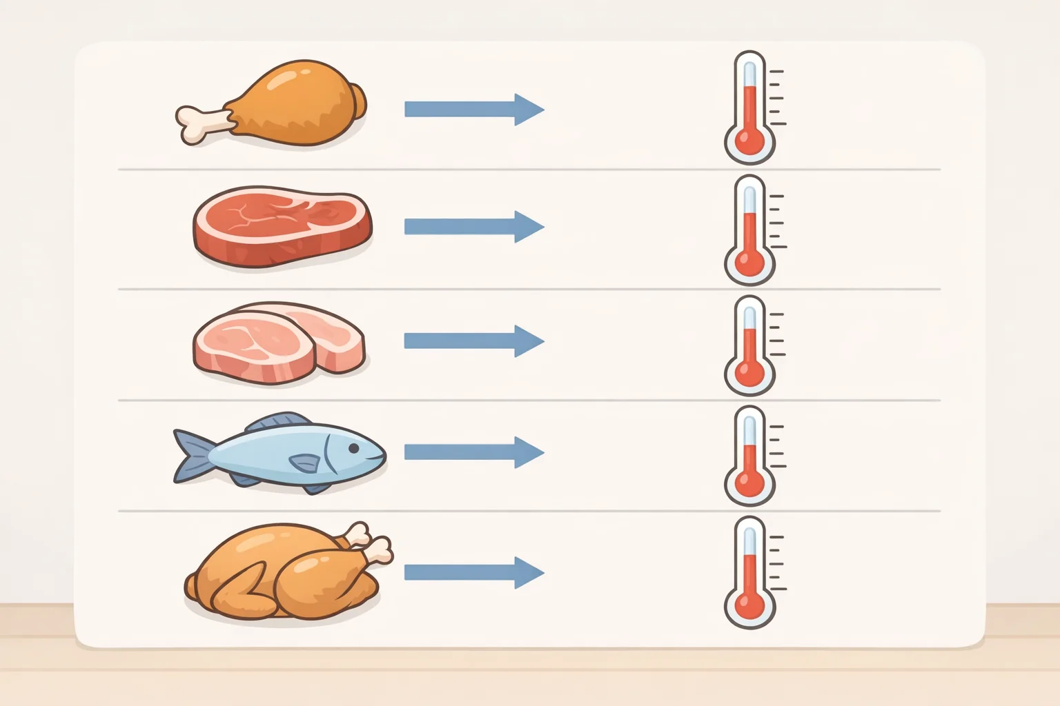 Illustration of a quick-reference chart listing 145°F with a three-minute rest for whole-muscle cuts, 160°F for burgers and ground meat, 165°F for poultry, and 145°F for fish fillets