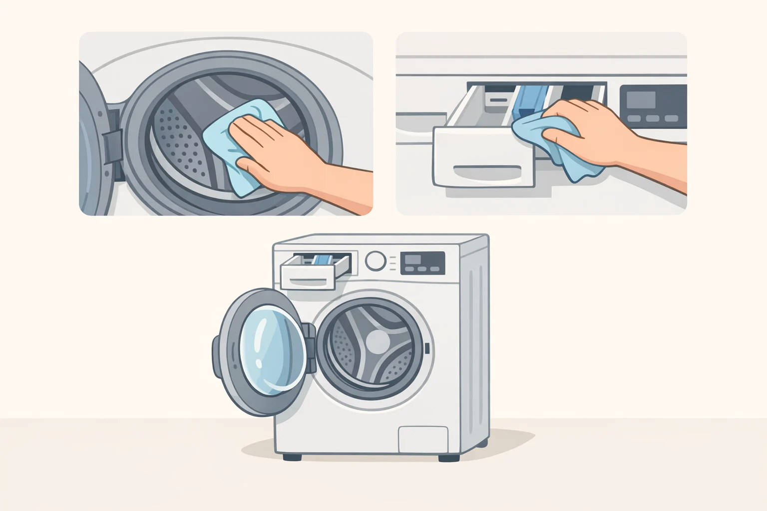 Illustration of a front-loading washer with the door gasket and detergent drawer being wiped clean, with the door left slightly open to prevent musty residue buildup