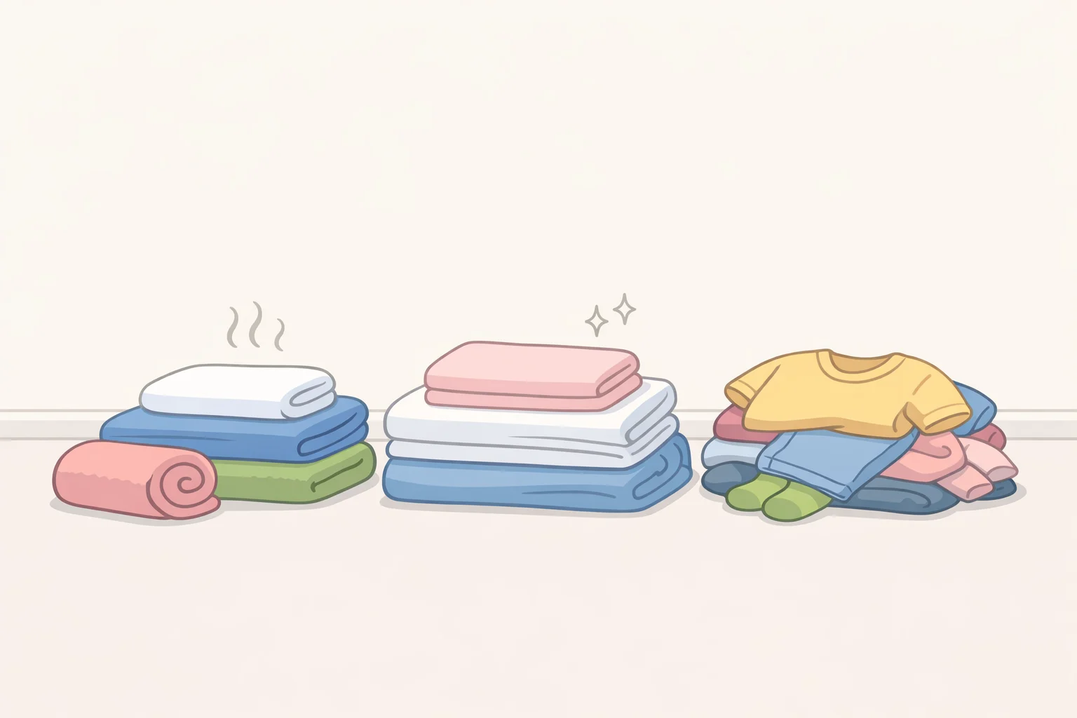 Illustration of three labeled laundry piles showing towels, sheets, and clothing separated by fabric weight to avoid lint on darks and uneven cleaning