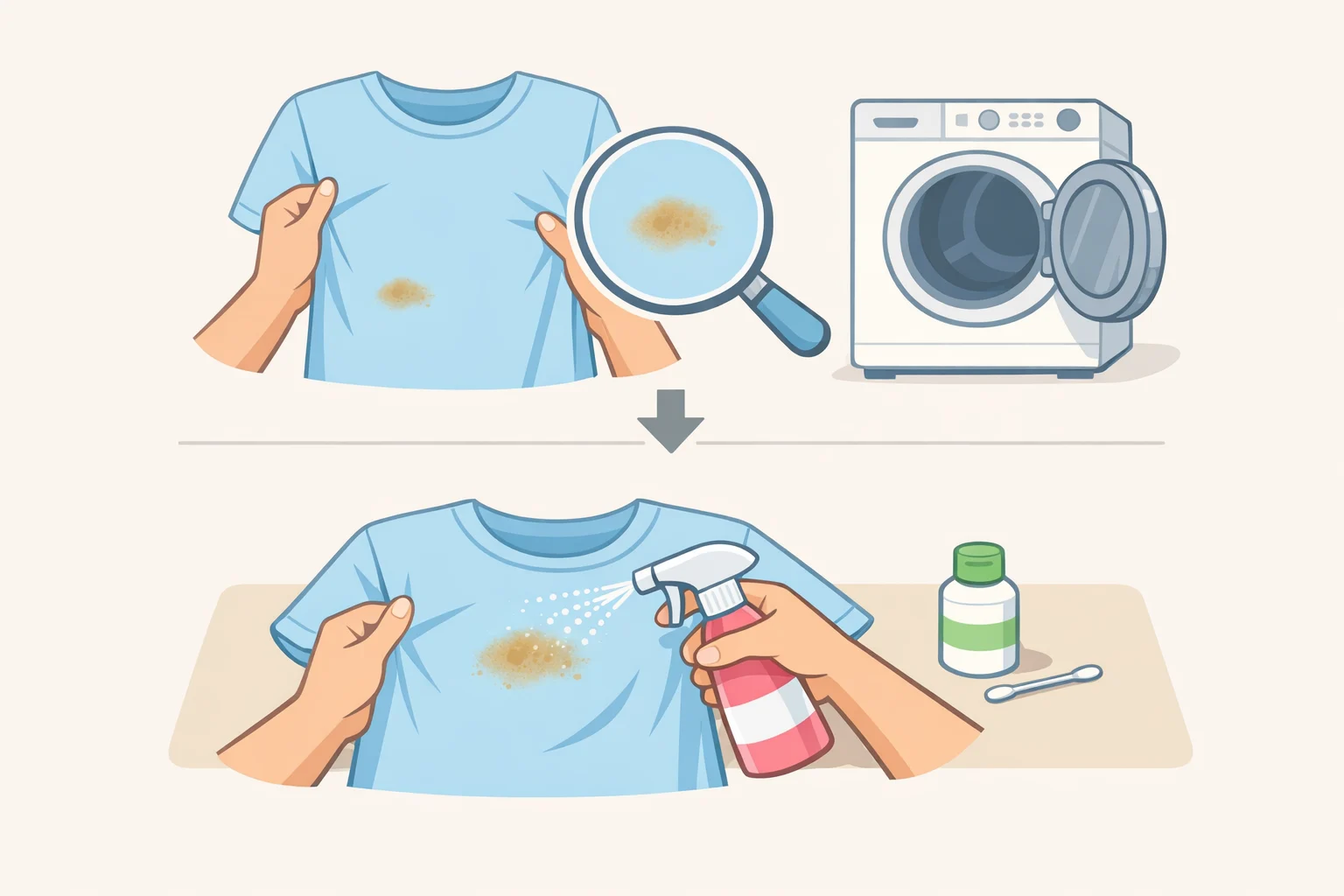 Illustration of a person checking a washed stained shirt for remaining spots, blotting and applying pretreat before the dryer so stains don't get heat-set