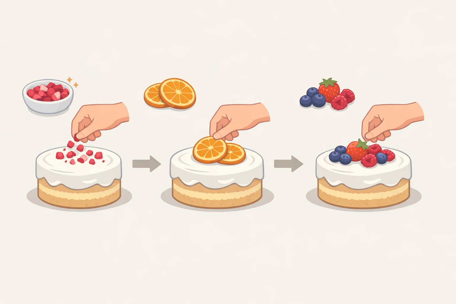 Three topping styles on a frosted stacked mini sheet cake: freeze-dried raspberries, dried orange slices, and fresh berries to match serving timing covering the Trader Joe's sheet cake hack