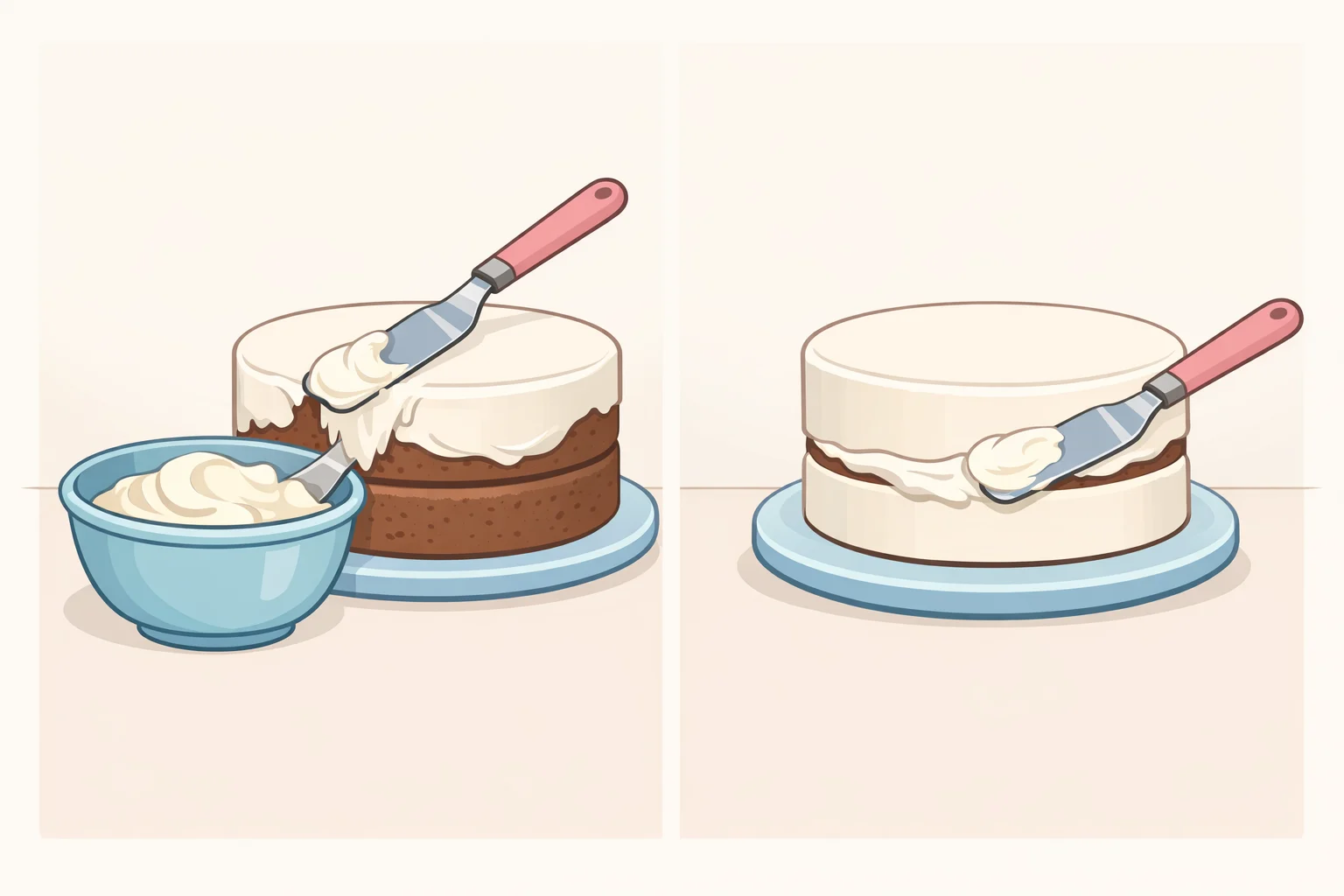 Close-up of an offset spatula scraping frosting into a small bowl, then spreading the reserved frosting down the sides to unify the exterior for the Trader Joe's sheet cake hack