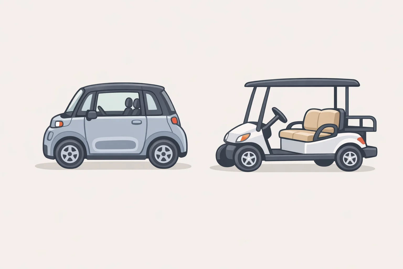 Side-by-side comparison of the enclosed two-seat Fiat Topolino and open-body golf-cart LSV competitors like Club Car and E-Z-Go, emphasizing seating and weather protection