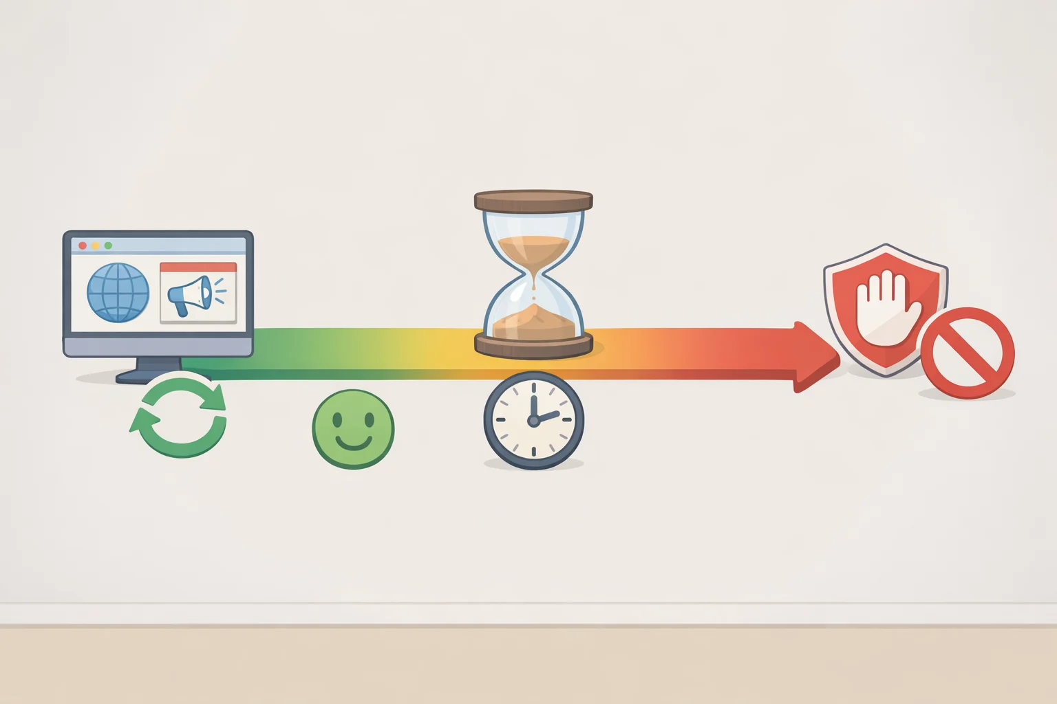 Illustration timeline showing a new YouTube ad-delivery method appearing, waiting through the average detection lag, then filter lists updating to resume blocking
