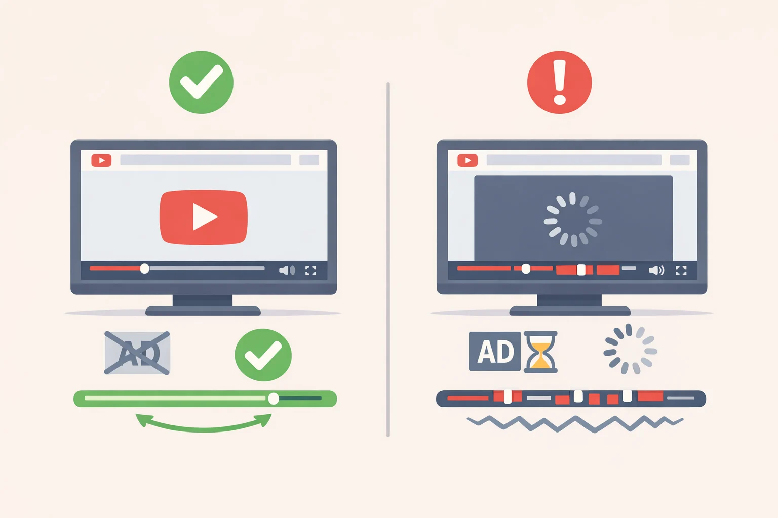 Comparison graphic of a YouTube video in the DuckDuckGo browser playing without pre-roll and mid-roll ads, with an indicator for slightly longer buffering