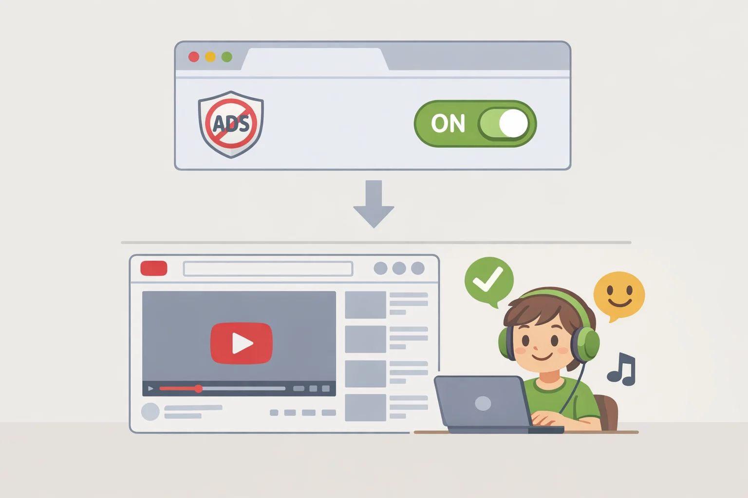 Screenshot-style illustration of DuckDuckGo browser with ad blocking enabled by default while loading a YouTube page, emphasizing zero extension installation and no manual configuration