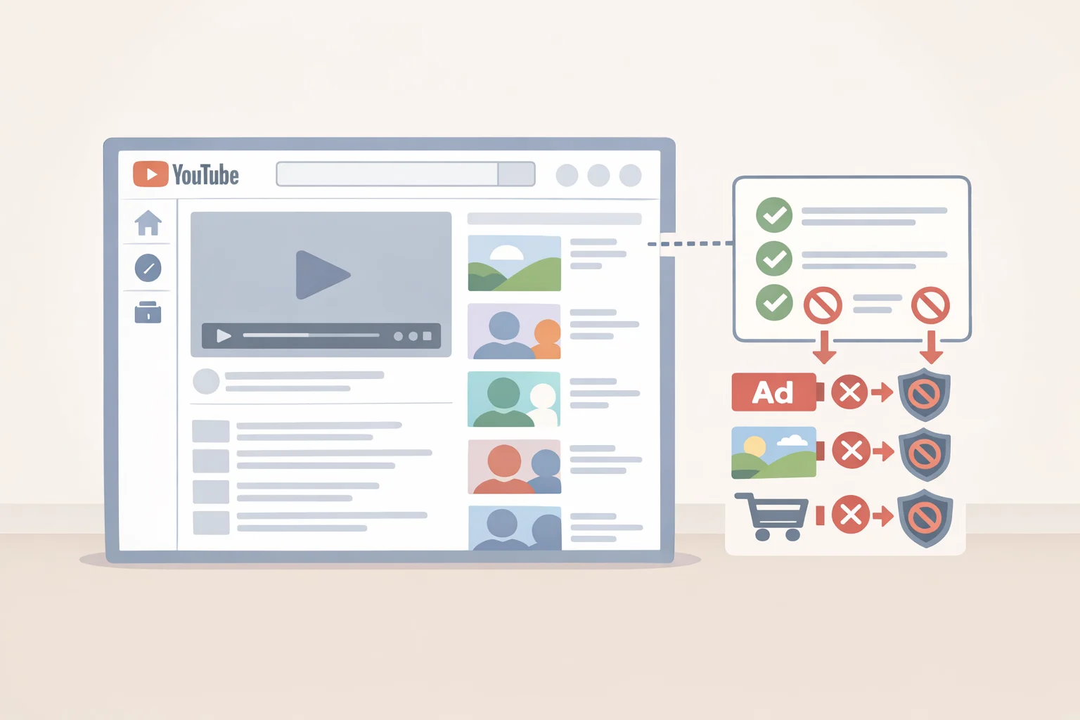 Diagram of DuckDuckGo browser YouTube ad blocking matching YouTube ad-serving domains against uBlock Origin-style filter lists and blocking ad requests before playback