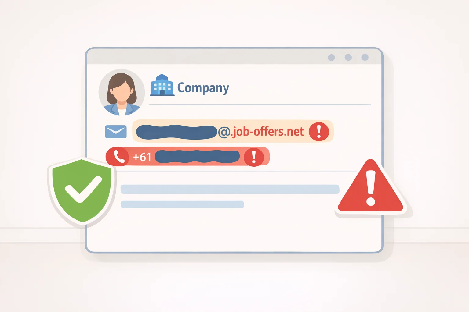 A screenshot-style graphic of a job interview scam message with a non-corporate email domain and a personal phone number, highlighting mismatches against official company contact info