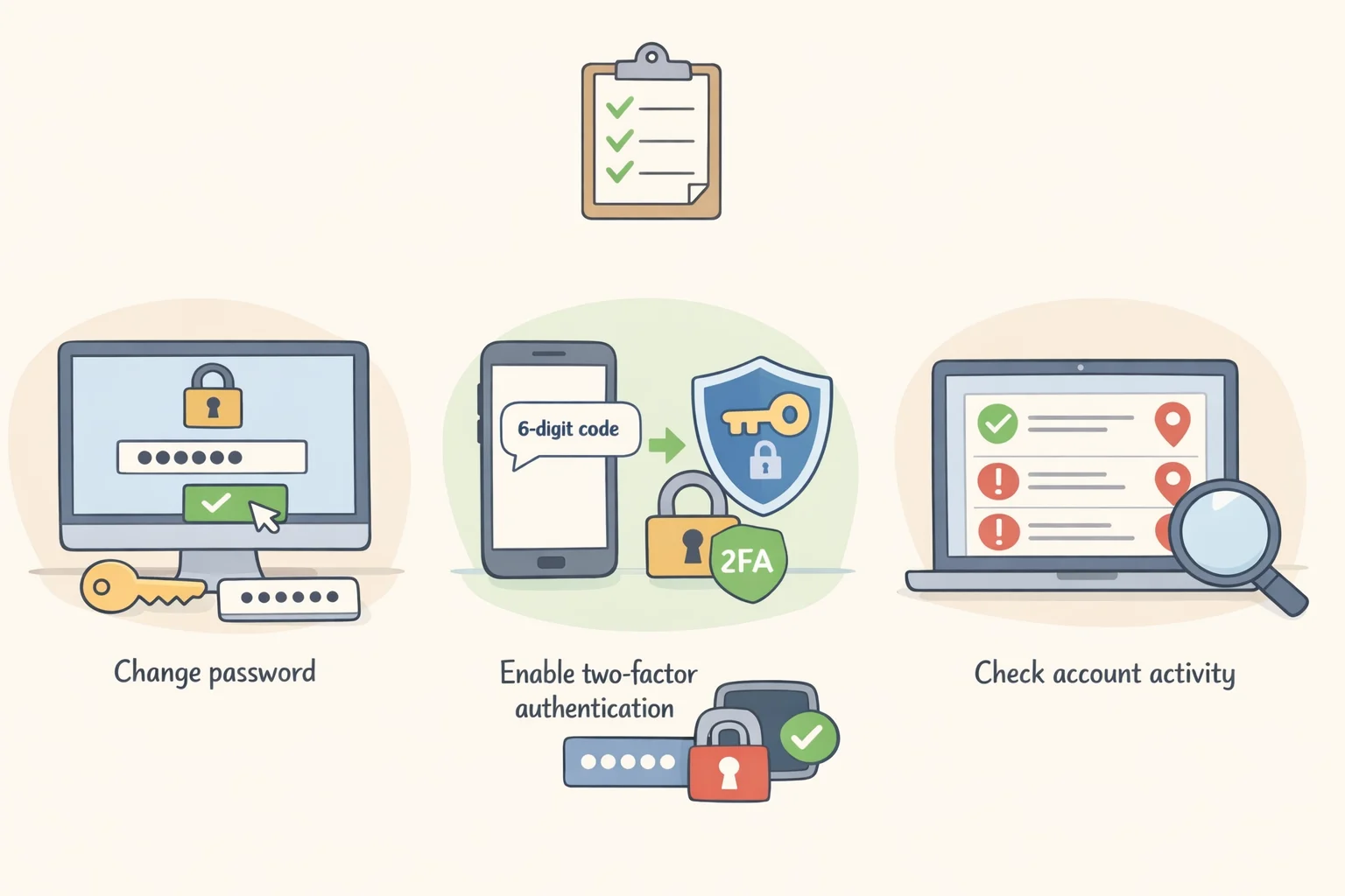 A recovery checklist graphic for a suspected job interview scam Google credentials incident, including changing the password, enabling two-factor authentication, reviewing recent logins, and notifying IT if the account connects to workplace systems