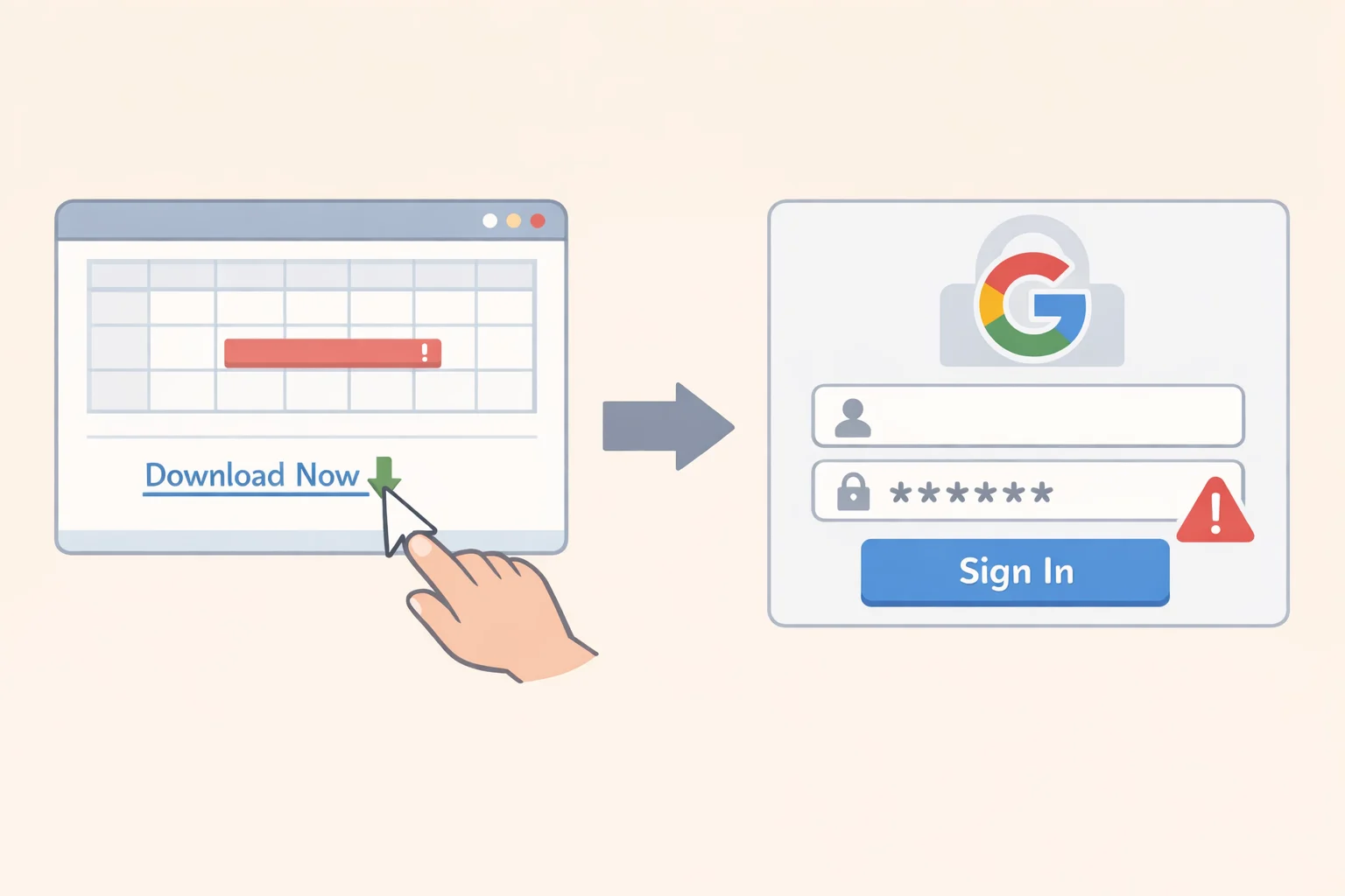 A diagram showing a user clicking a suspicious interview link, downloading a file, and signing into a fake Google credentials page, emphasizing unverified action as the point of exposure