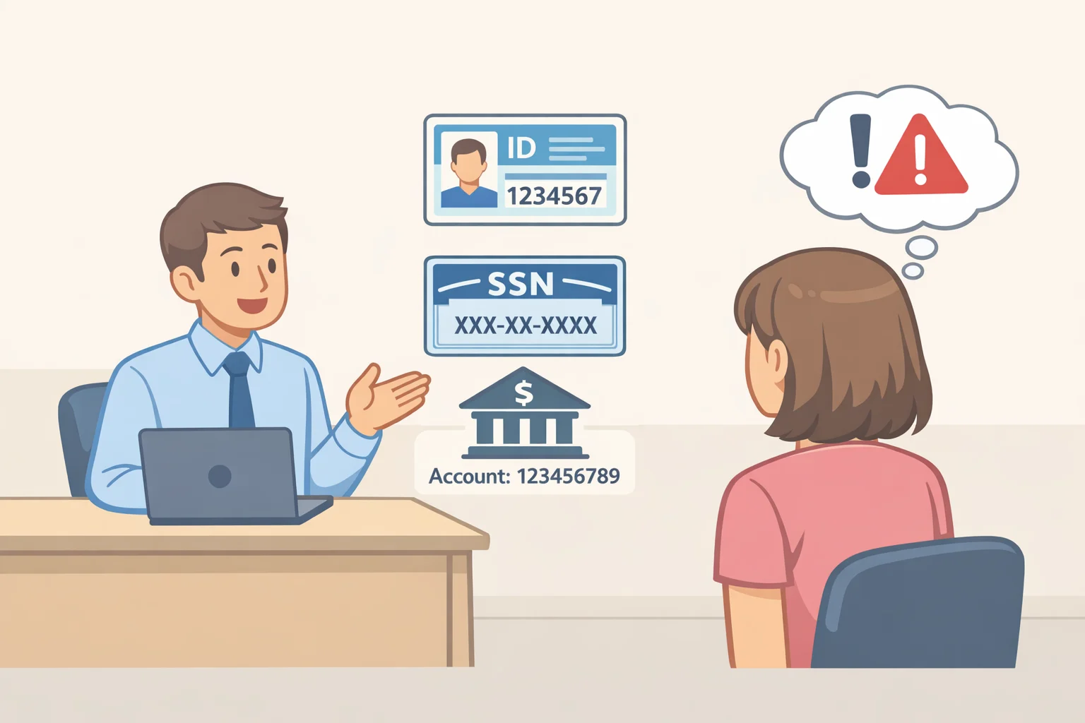 An illustration of a fake recruiter chat or form requesting a driver's license number, Social Security number, and bank account information before substantive job discussions—an early red flag in the job interview scam Google credentials workflow