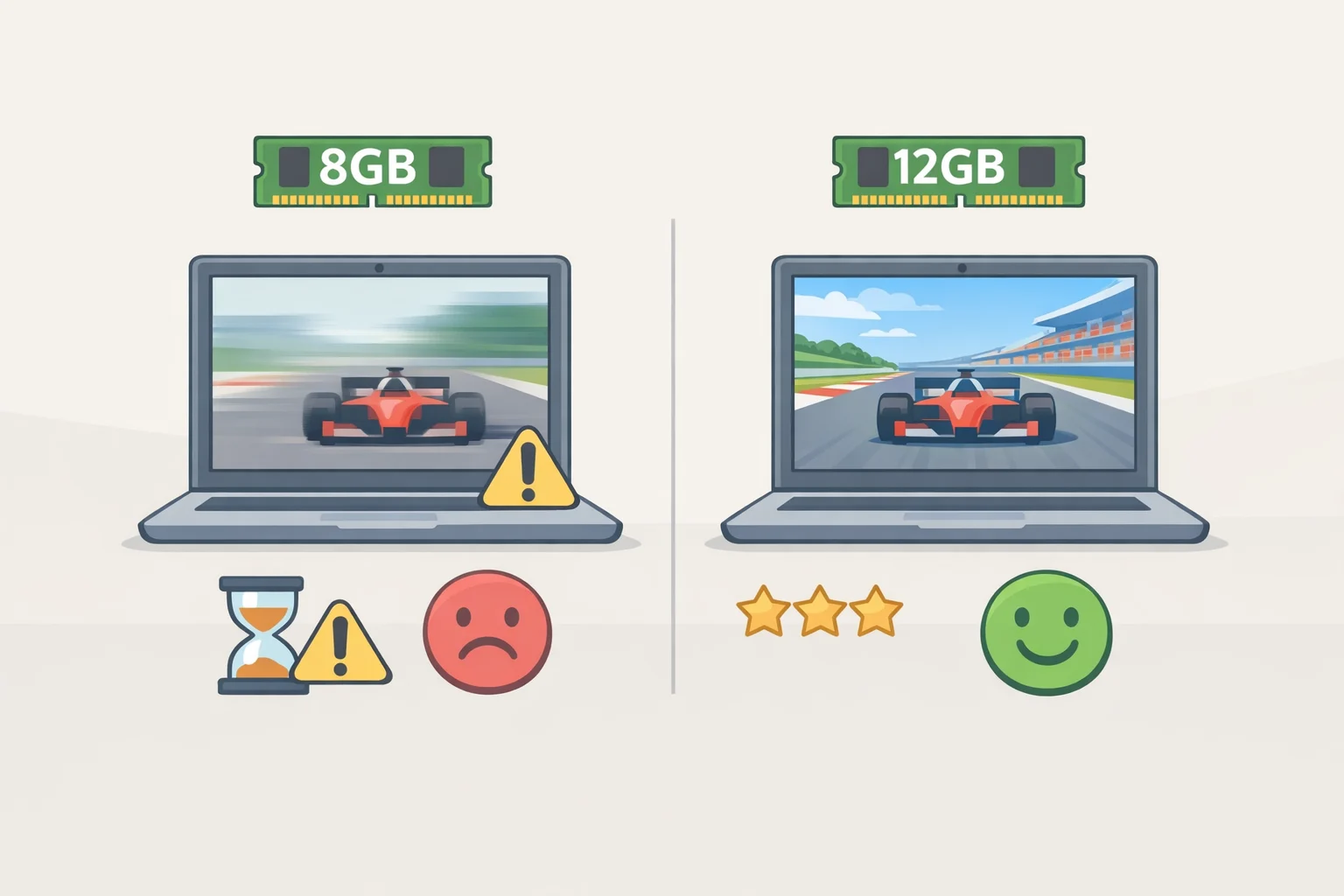 Side-by-side illustration of an emulation workload where 8GB runs into memory exhaustion and crashes while 12GB maintains stability for demanding titles