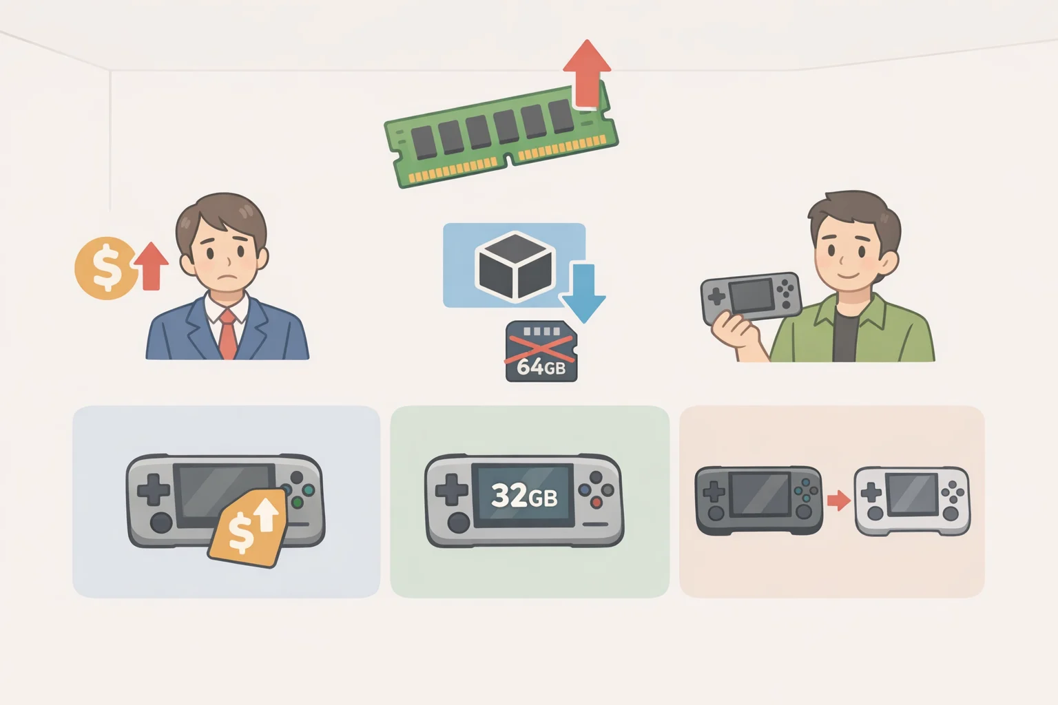 Illustration map connecting retro handheld makers’ responses to DRAM shortages—Retroid pricing changes, storage-for-RAM tradeoffs, and other brands cutting or removing RAM options