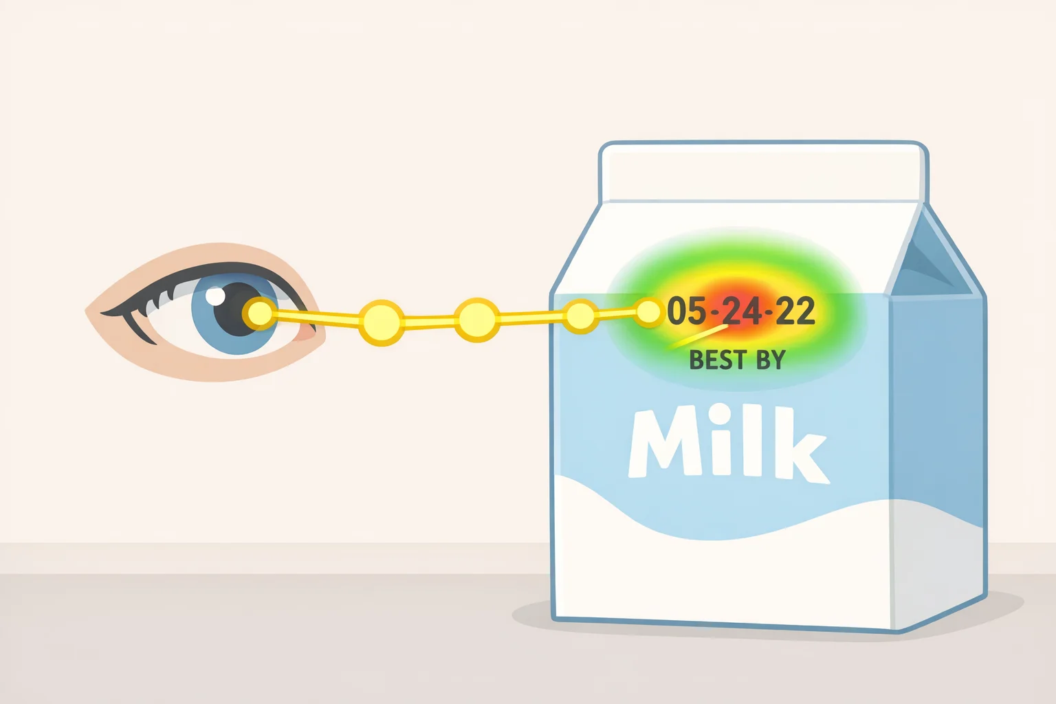 An eye-tracking style heatmap over a milk carton highlighting faster fixation on the printed date number compared with the surrounding phrase