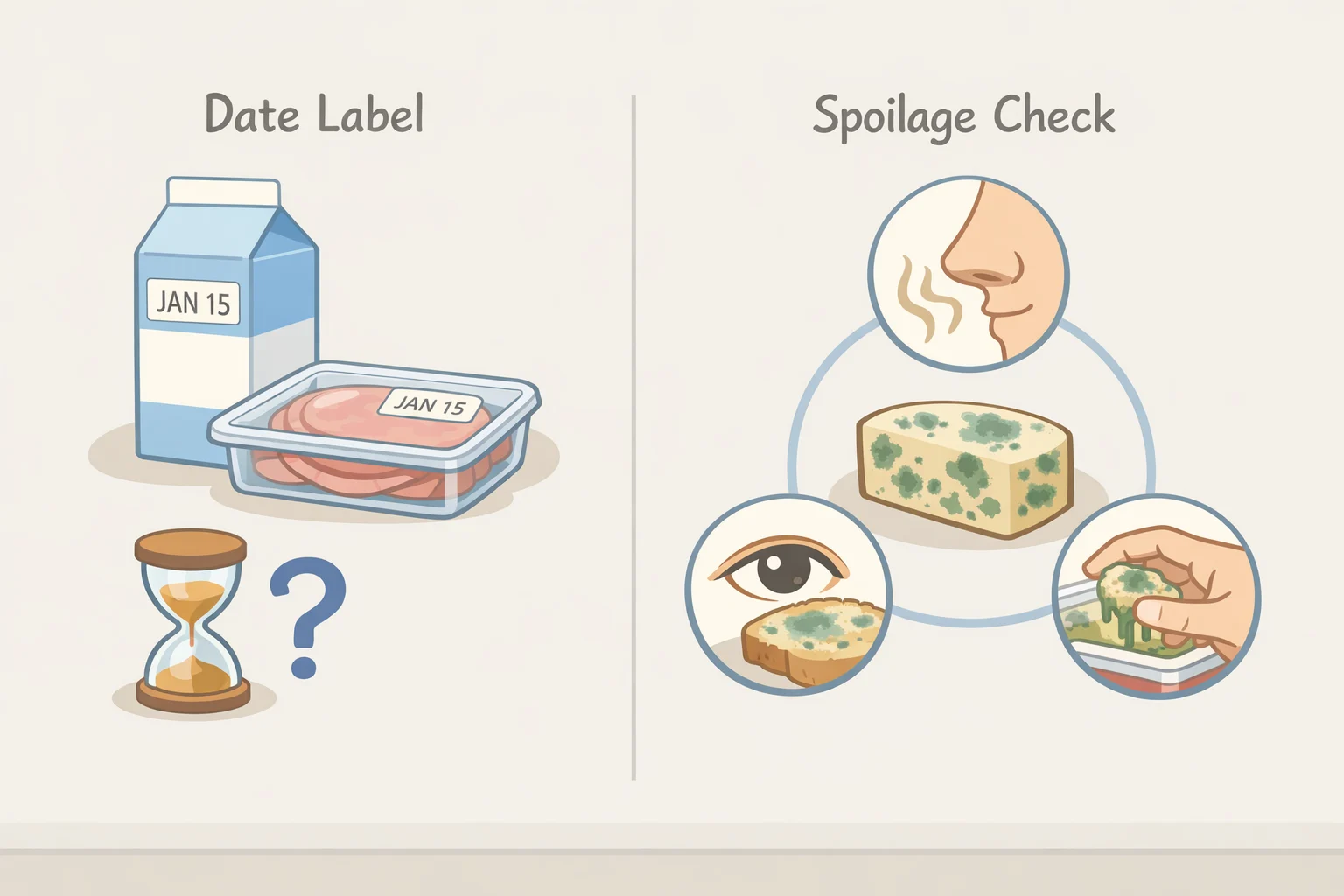 A consumer inspecting packaged foods using sensory cues like off smells, slimy texture, mold, and bulging cans instead of relying on the printed date
