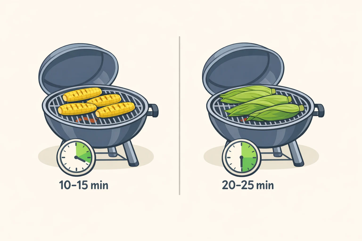 Side-by-side diagrams showing shucked corn brushed with melted salted butter grilled over medium heat with lid closed versus in-husk corn left on the cob steaming in its husk while smoking char forms