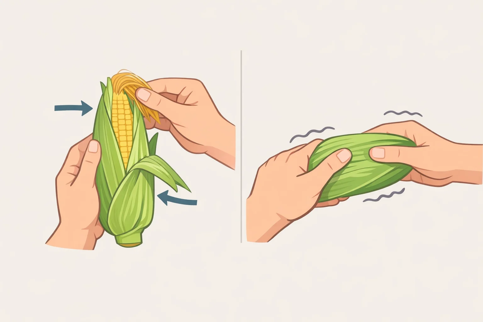 Close-up of sweet corn with green, tightly closed husks and pale gold silk, with the technique of pressing gently through the husk to feel dense, evenly packed kernels for the best way to cook corn on the cob