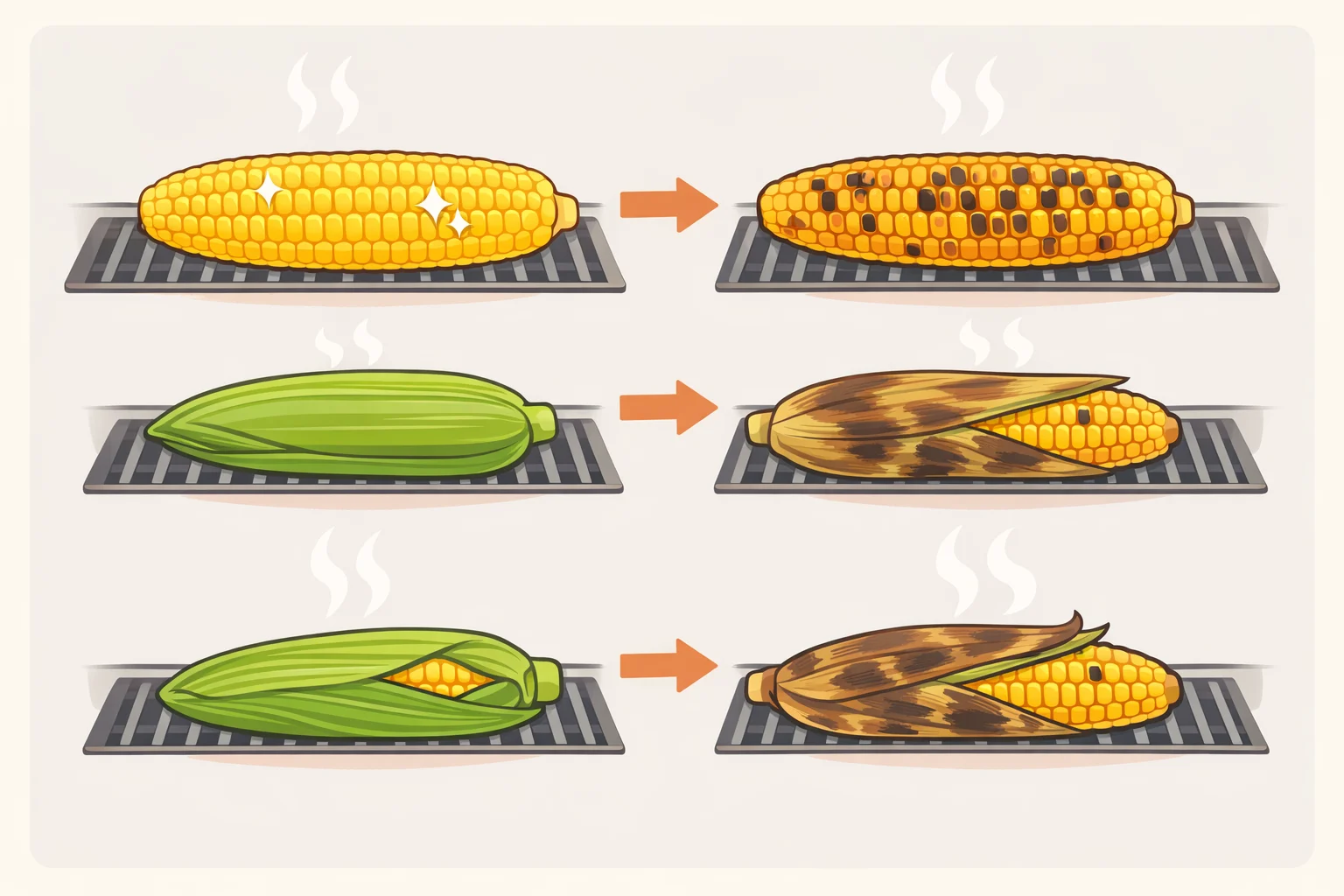 Illustration highlighting grill marks and lightly caramelized kernel tips for shucked corn, and fully charred husks beginning to pull away at the tip for in-husk corn, plus the fingernail test releasing a burst of liquid