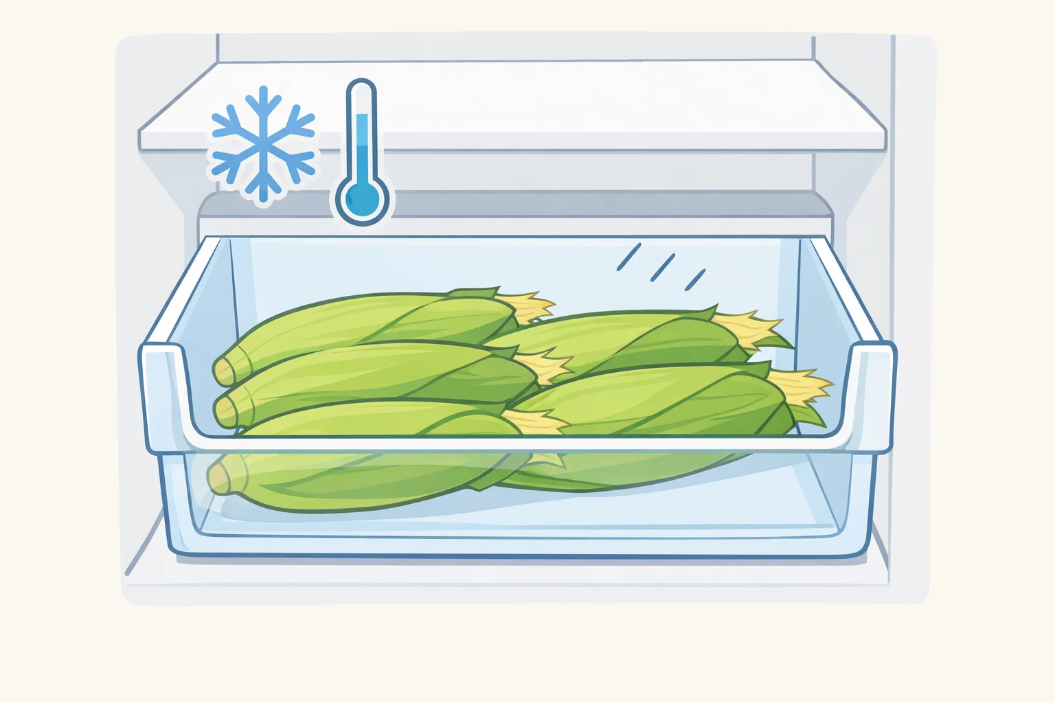 Illustration of unwashed sweet corn stored husk-on in the refrigerator crisper drawer, emphasizing dry wrapping and keeping moisture off to prevent starchy, fungal-quality loss