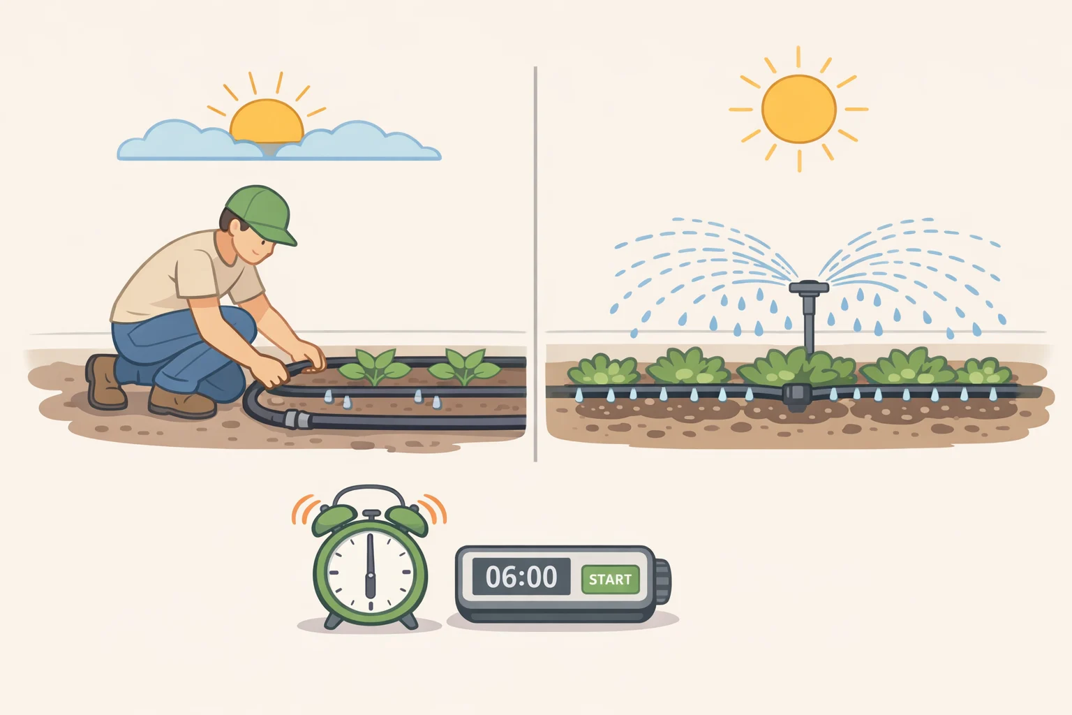 Illustration comparing drip or soaker hose watering at the plant base in the early morning with a shaded diagram of why overhead sprinklers waste water in hot, windy conditions