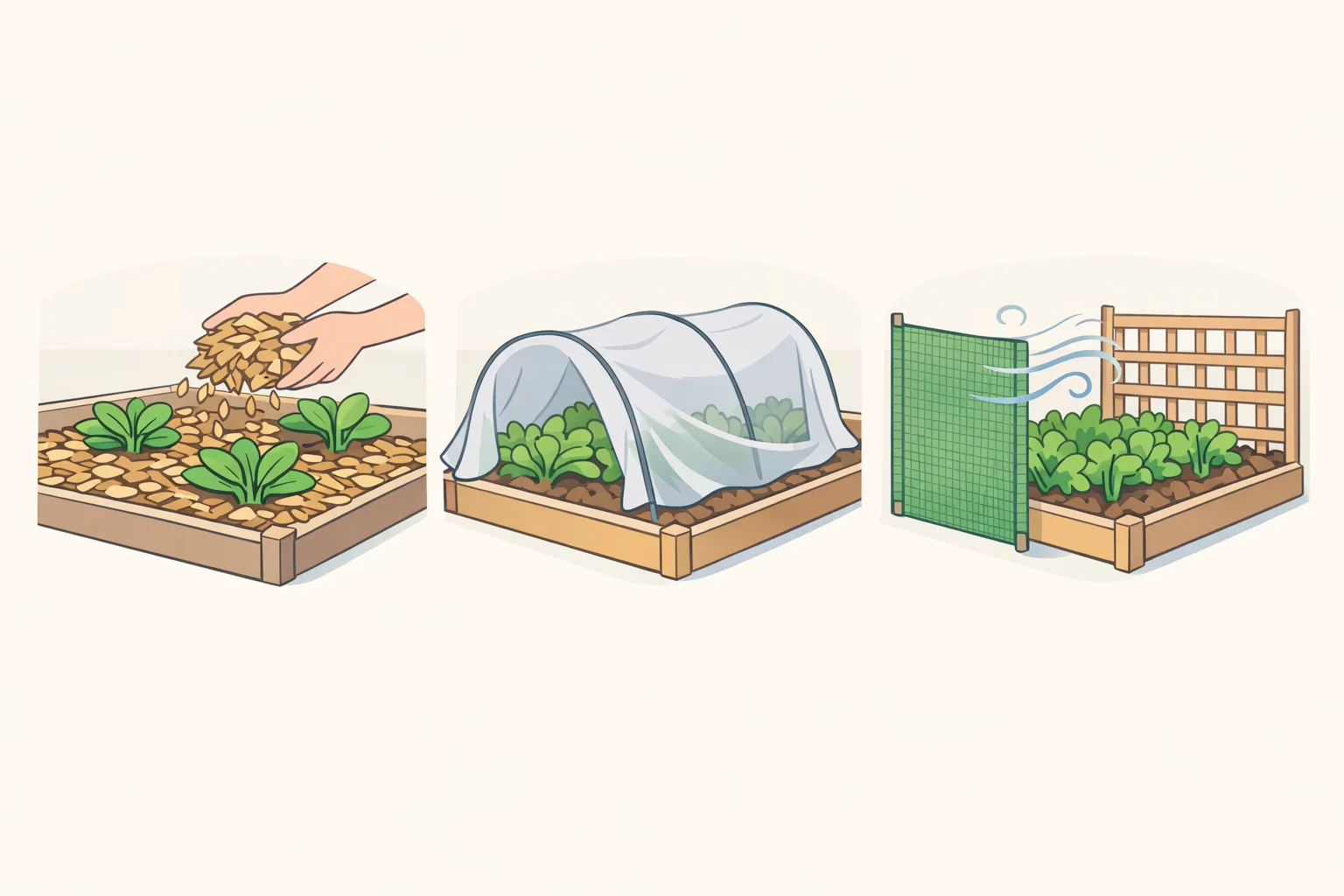 Illustration showing mulch around plant stems, a bedsheet or shade cloth canopy reducing afternoon sun, and a fence/trellis redirecting southwest winds away from heat-sensitive vegetables