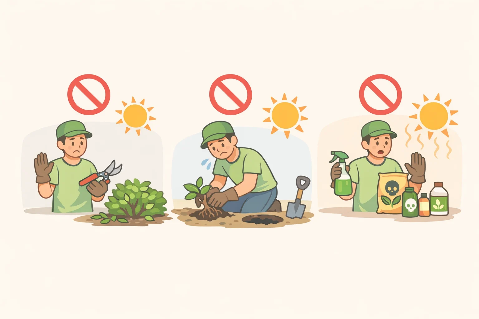 Illustration of a gardener refraining from pruning, skipping new transplants, and waiting to apply fertilizers or pesticides during a heat wave to prevent added stress