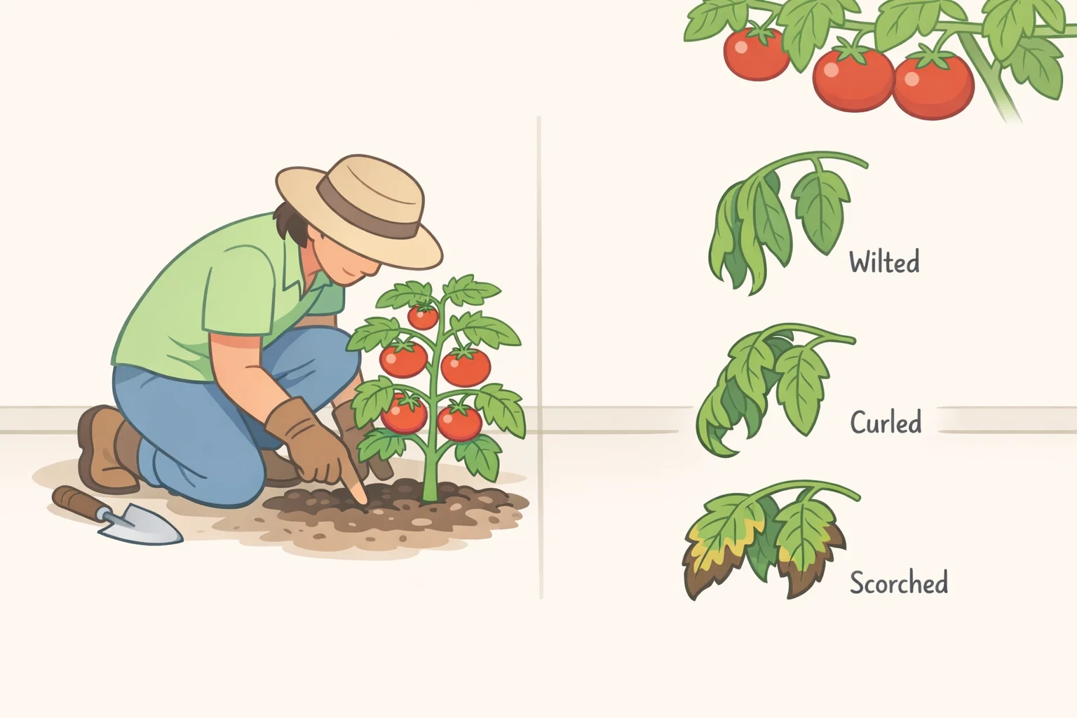 Illustration of how to protect plants during a heat wave: a hand inserting a finger into the soil near tomato roots while showing heat-driven leaf droop, tomato leaf curl, and brown scorched leaf edges