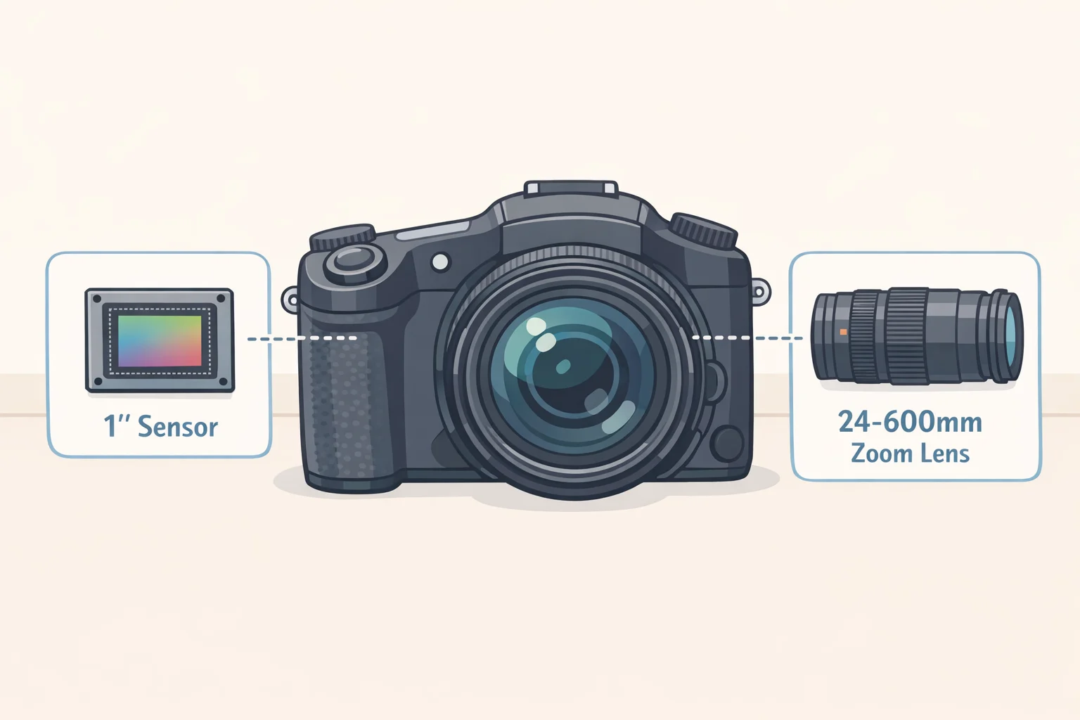 Diagram comparing the Sony RX10 V’s 20.1MP one-inch Exmor RS stacked sensor and its 24-600mm f/2.8-4 Zeiss Vario-Sonnar fixed lens range