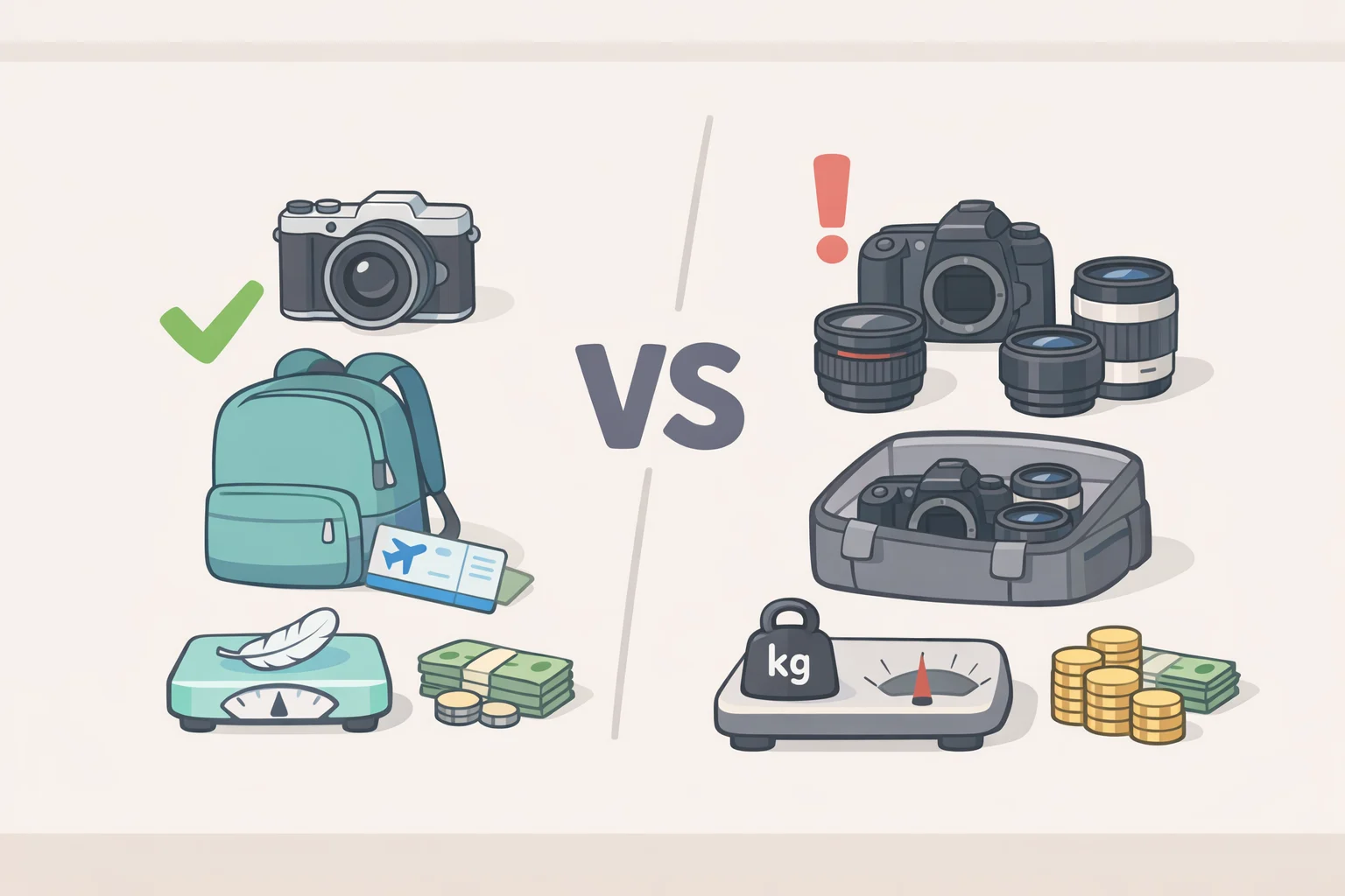 Side-by-side illustration showing a one-body Sony RX10 V travel setup covering 24mm to 600mm versus a multi-lens interchangeable-camera kit with extra bags and weight