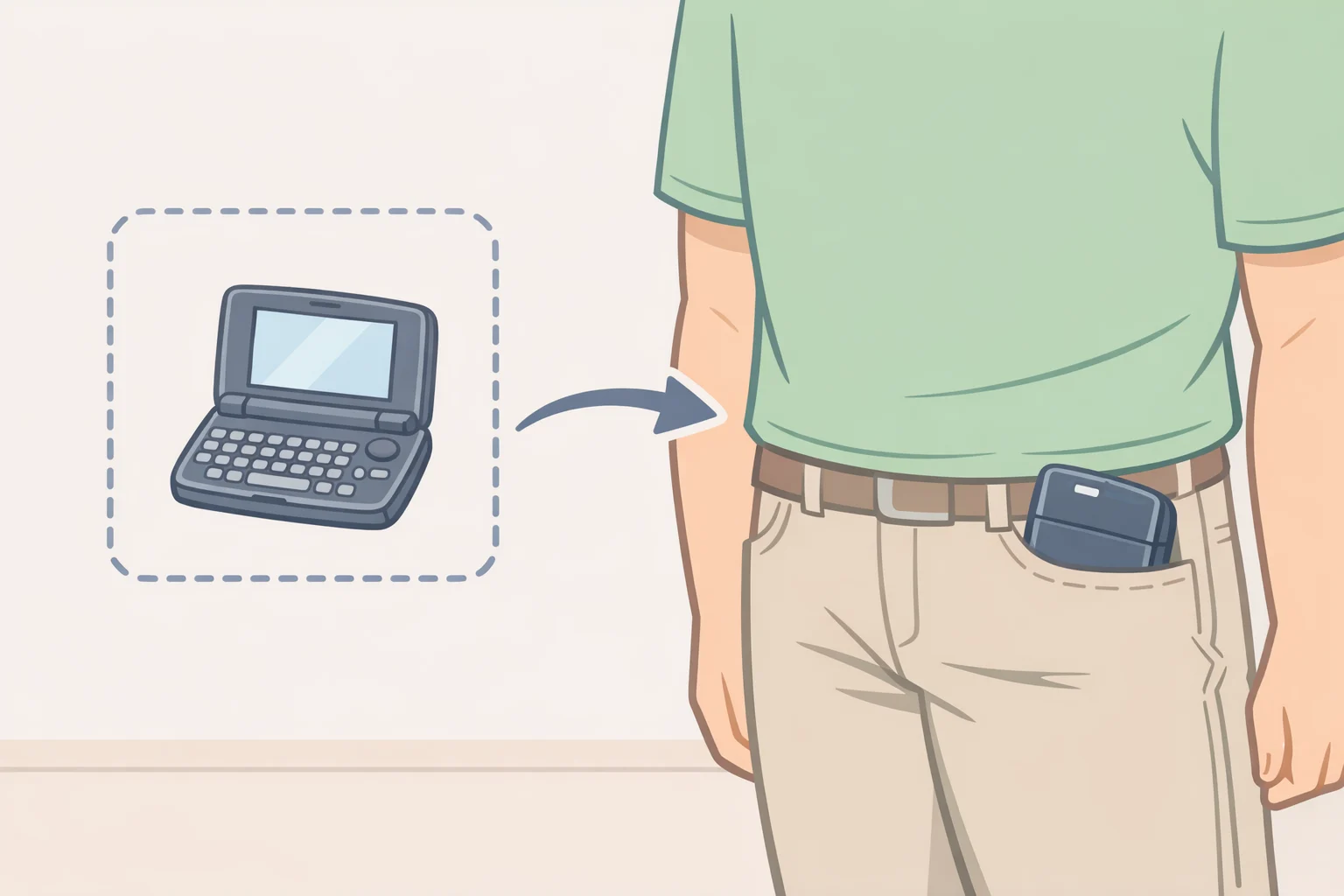 Illustration comparing the PocketMage’s compact dimensions to a pocket-size outline to visualize why it is claimed to be genuinely pocketable