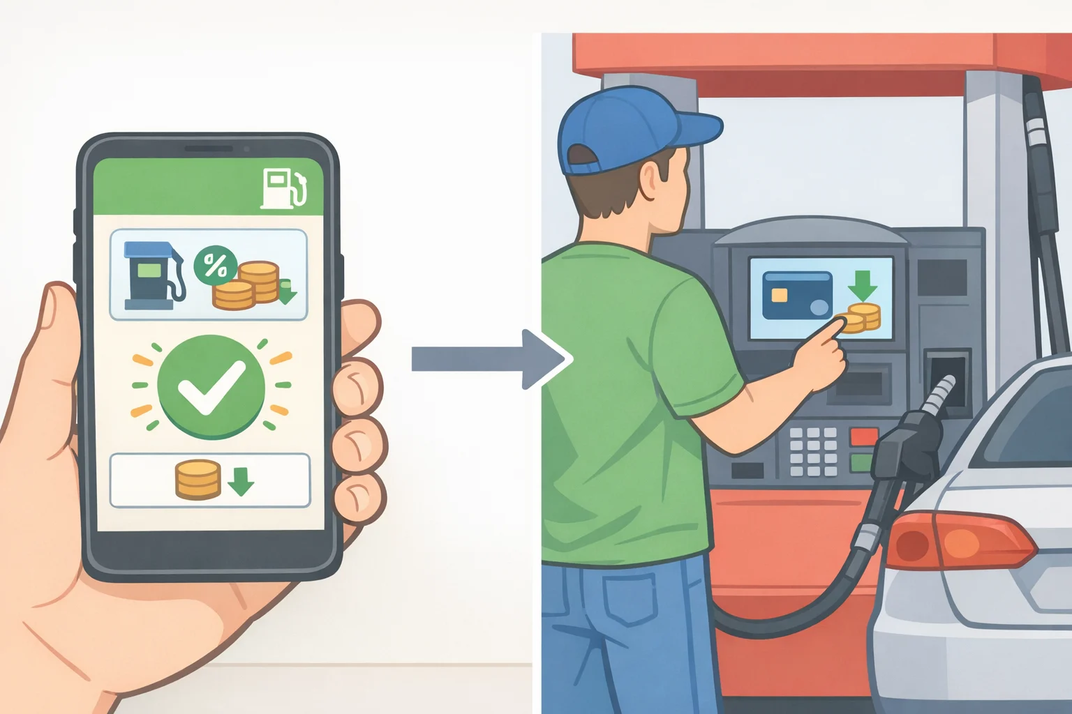A cashback app screen showing an active offer at the selected gas station, with the user claiming it and then paying at the pump