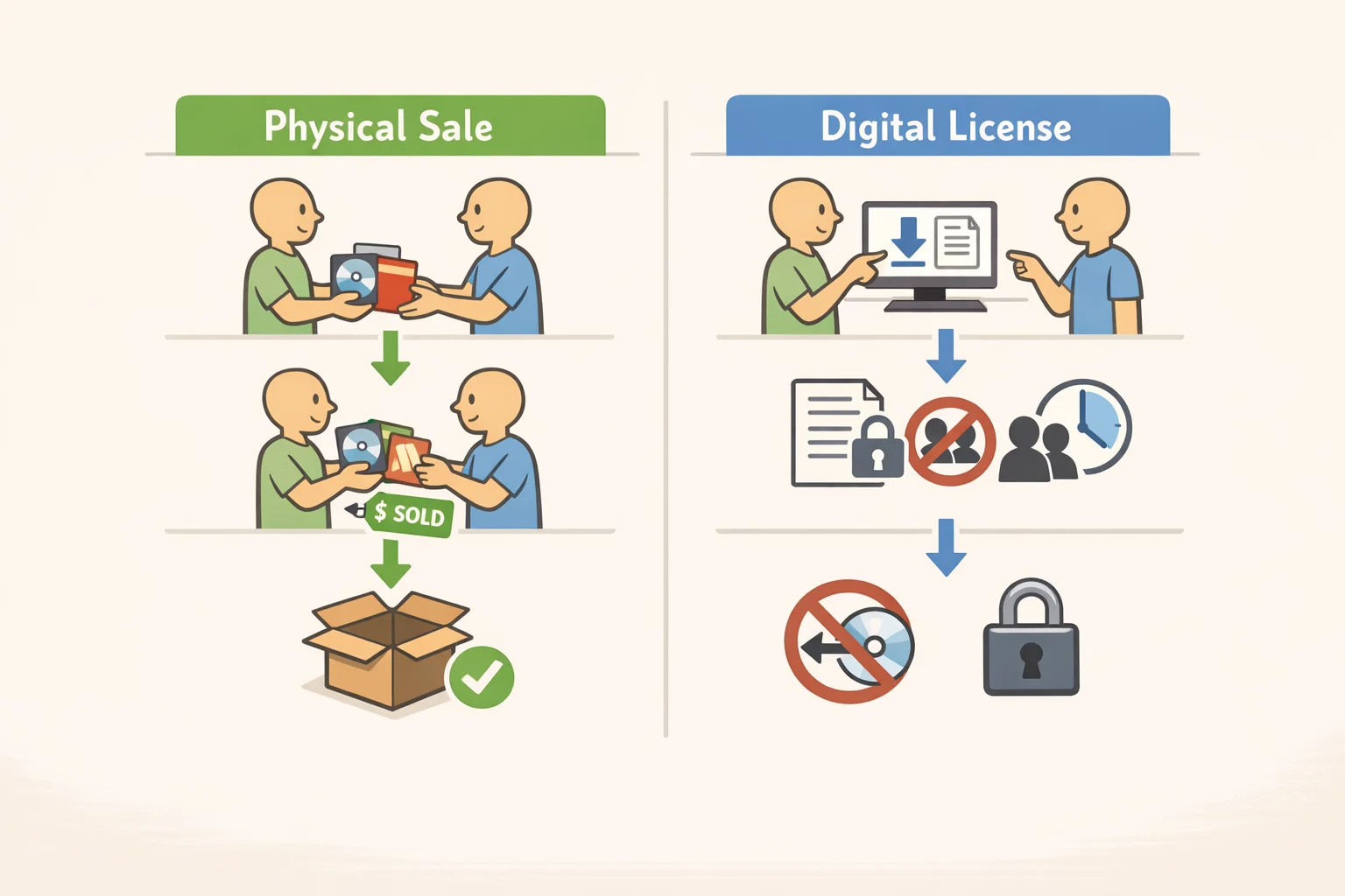 Flowchart illustrating how first-sale doctrine applies to physical copies but not digital licenses, with highlighted EULA clauses stating the platform and games are licensed, not sold