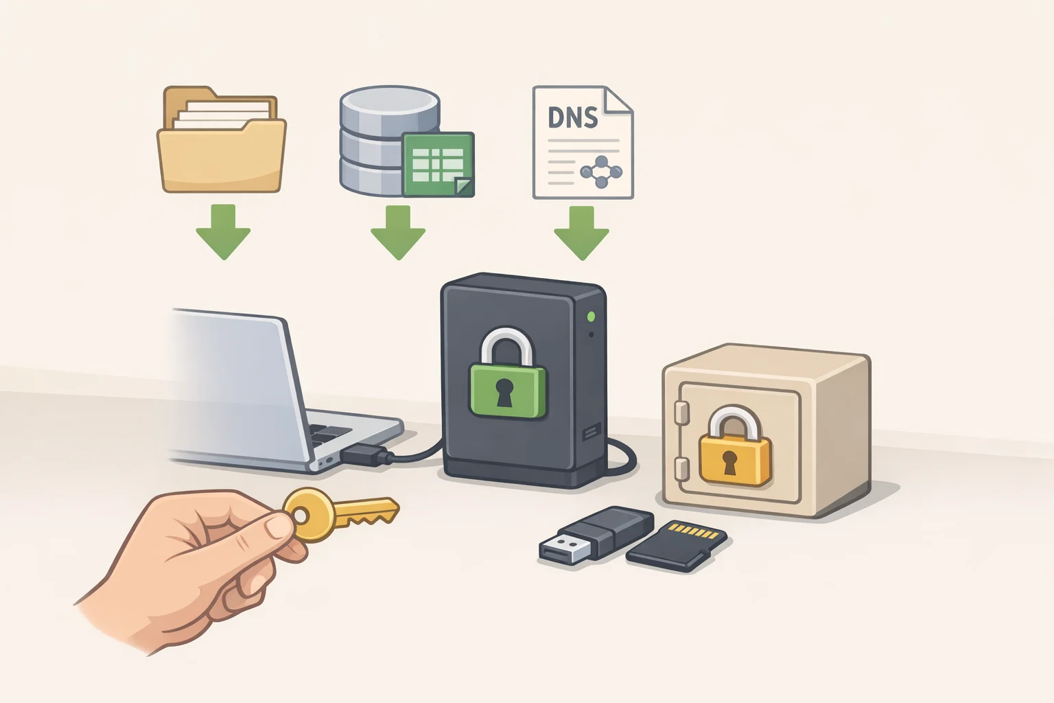 Illustration of an encrypted external drive with folders for a downloaded full backup archive, a compressed SQL database export, and a DNS zone file saved for offline restore