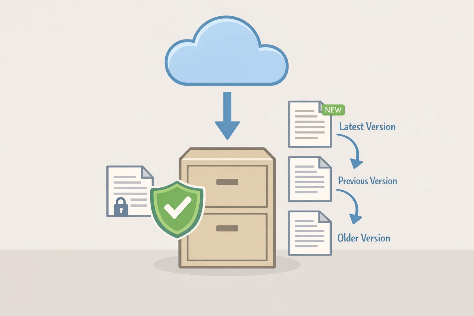 Illustration of an S3-style bucket with object versioning enabled, showing multiple versions of a WordPress backup archive preserved after an overwrite