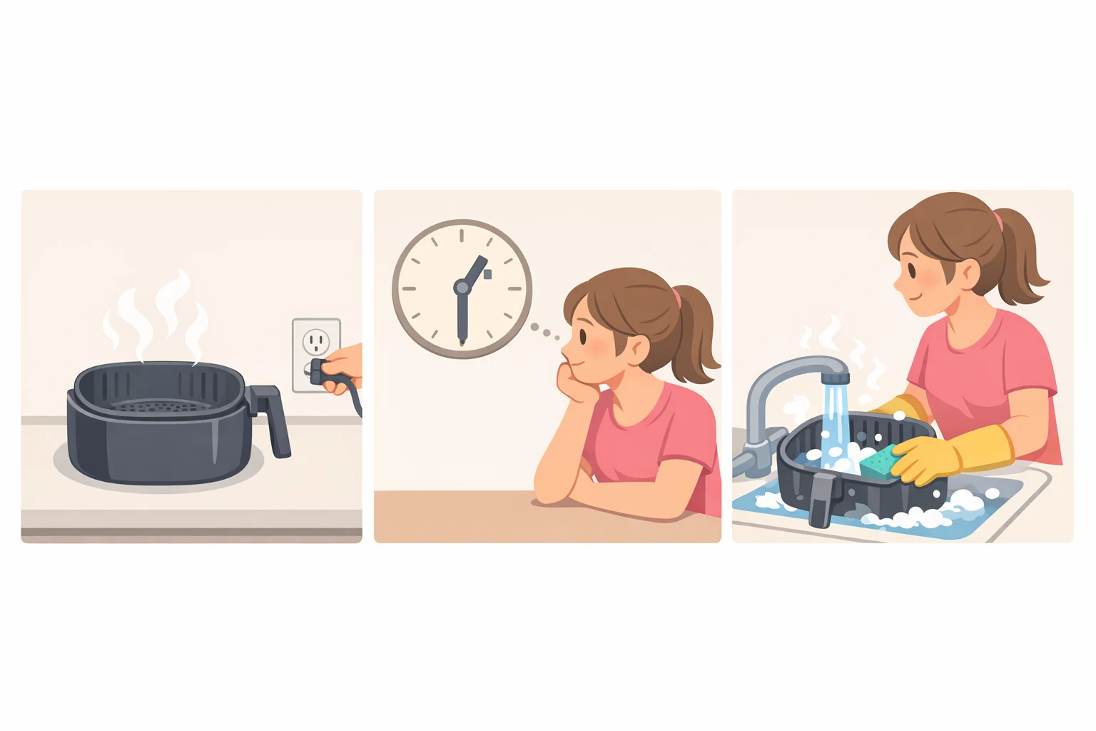 User unplugging an air fryer and letting the basket cool for at least 30 minutes before hand washing with warm water, preventing thermal shock
