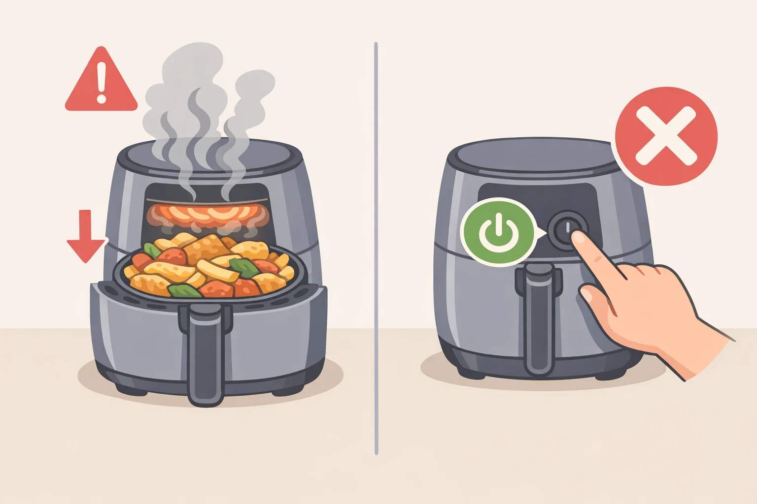 Air fryer showing smoke during cooking with a user switching off and unplugging, highlighting that overcrowding can splatter grease toward the heating element