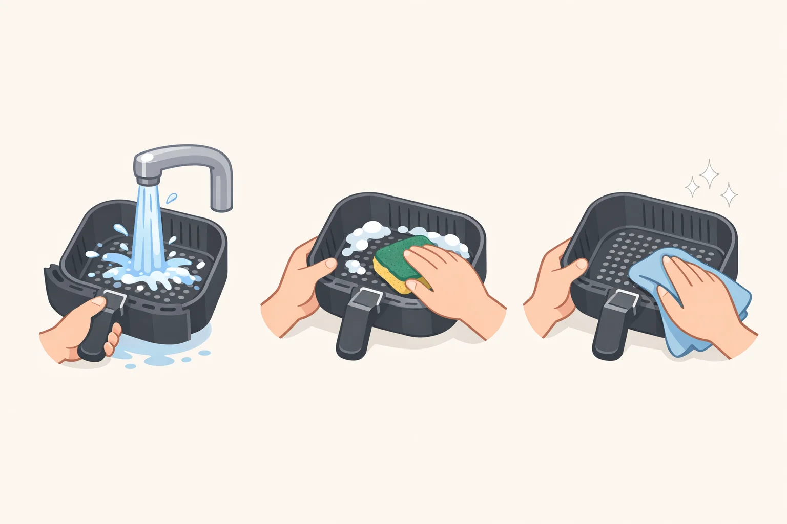 Close-up of a soft non-abrasive sponge gently washing a nonstick air fryer basket, followed by thorough rinsing and complete dryinghelpful for how to clean a greasy air fryer basket
