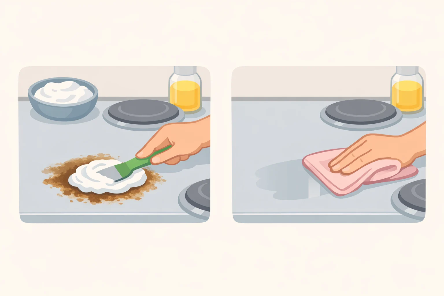 Baking soda paste applied to baked-on grease spots in an air fryer basket, with a soft cloth wiping residue after 15–20 minutes