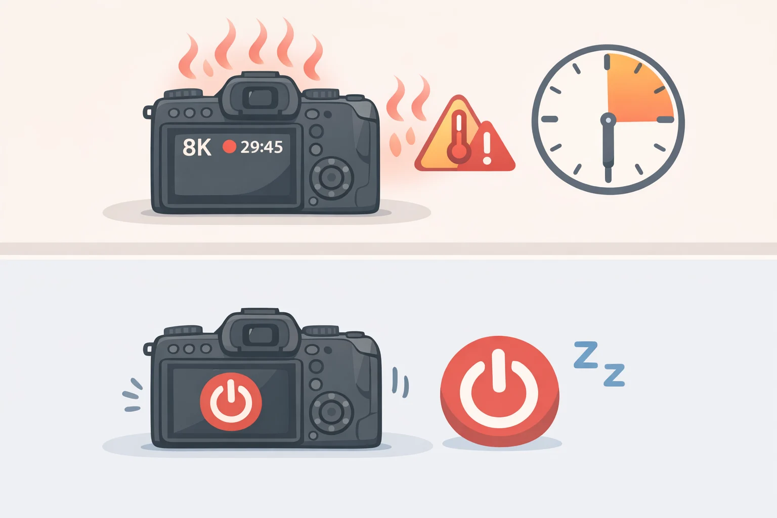 Illustration of a GoPro MAX 2 overheating indicator and thermal shutdown timer during sustained 8K recording, highlighting the ~30-minute cutoff