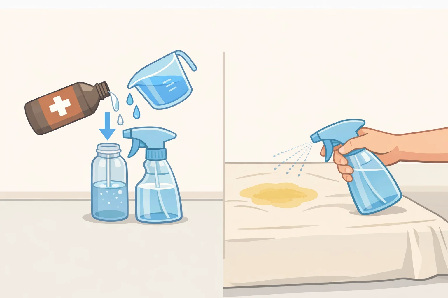 Illustration of a spray bottle with diluted 3% hydrogen peroxide mixture being applied to a yellow sweat stain on a mattress, with gloves and a cloth shown for blotting