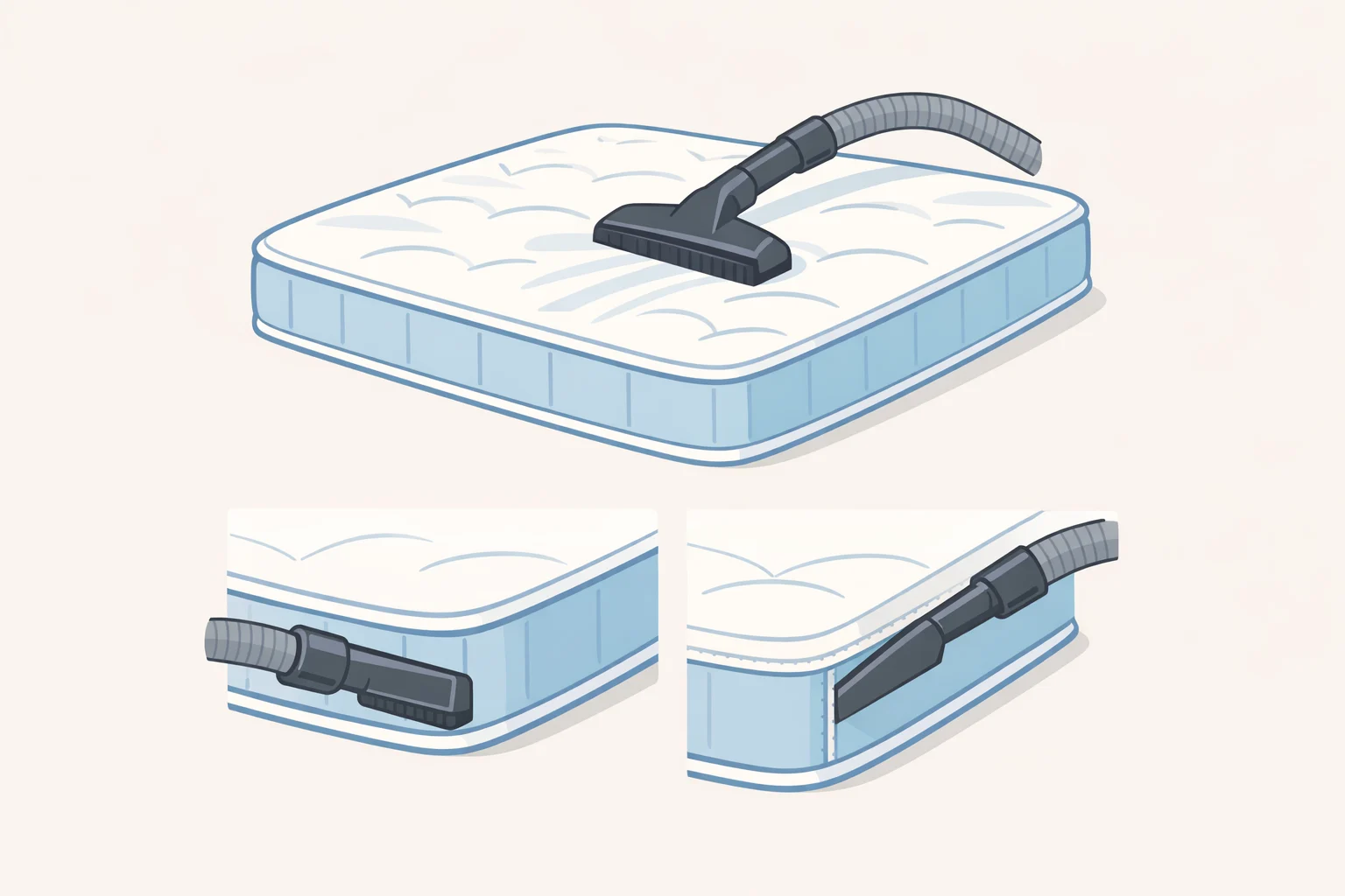 Close-up of a person vacuuming a mattress top with an upholstery attachment and then cleaning seams with a crevice tool before any deodorizing